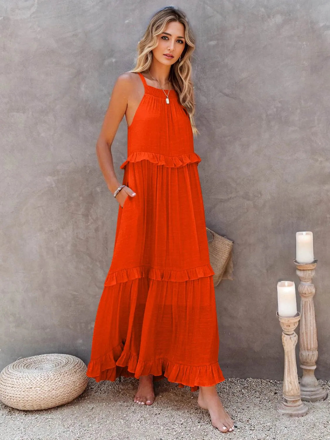 Ruffled Sleeveless Tiered Maxi Dress with Pockets - Bona Fide Fashion