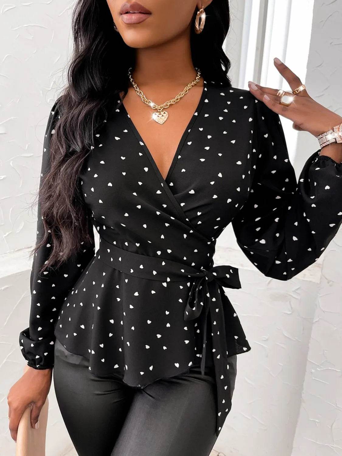 Heart Print Surplice Balloon Sleeve Blouse - Bona Fide Fashion