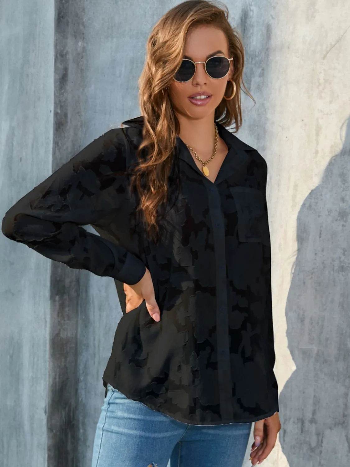 Full Size Collared Neck Long Sleeve Shirt Plus Size - Bona Fide Fashion