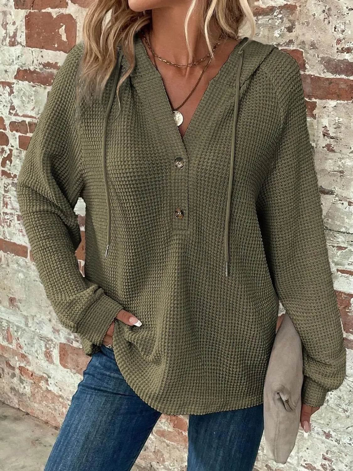 Waffle Knit Long Sleeve Drawstring Hooded Top - Bona Fide Fashion