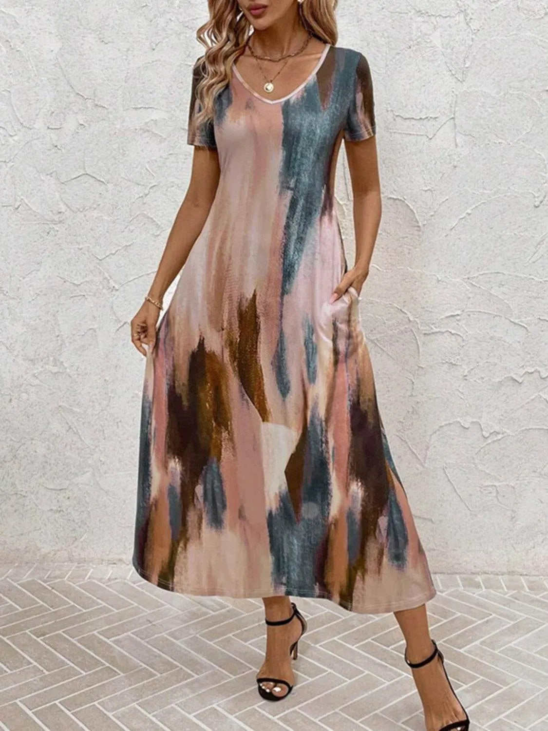 Tie-Dye V-Neck Short Sleeve Midi Tee Dress - Bona Fide Fashion
