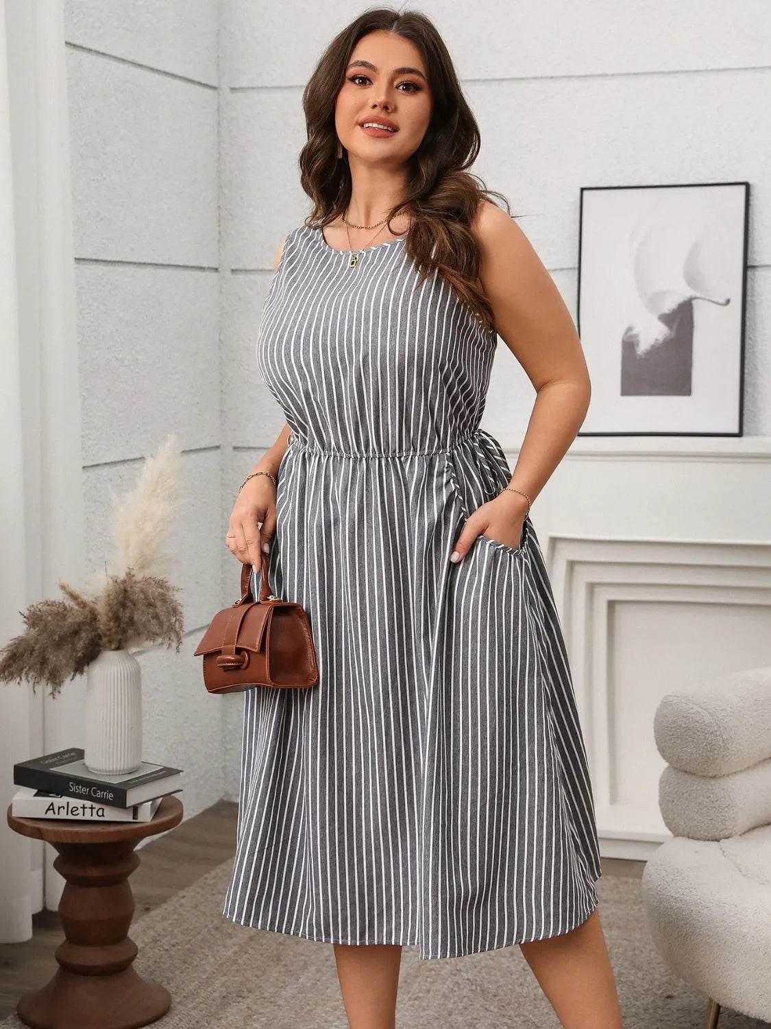 Plus Size Striped Round Neck Sleeveless Dress - Bona Fide Fashion