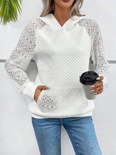 Lace Openwork Kangaroo Pocket Hoodie - Bona Fide Fashion