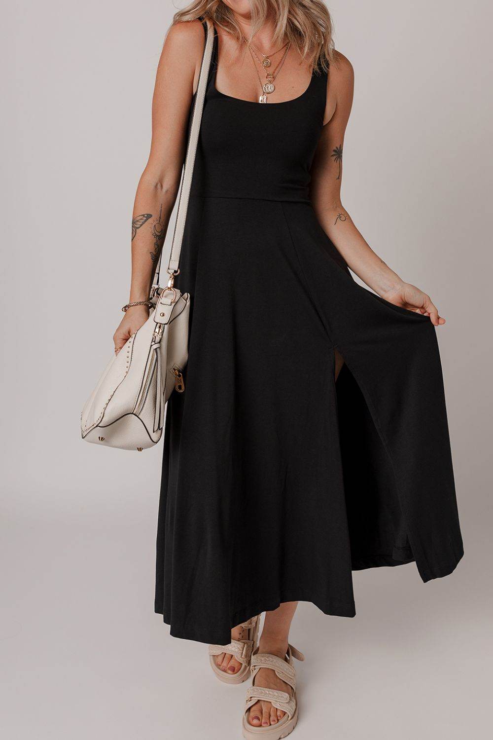 Side Slit Scoop Neck Wide Strap Dress - Bona Fide Fashion