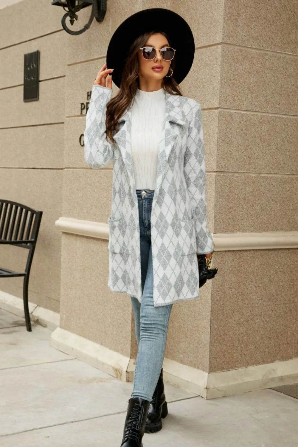 Printed Open Front Lapel Collar Cardigan with Pockets - Bona Fide Fashion