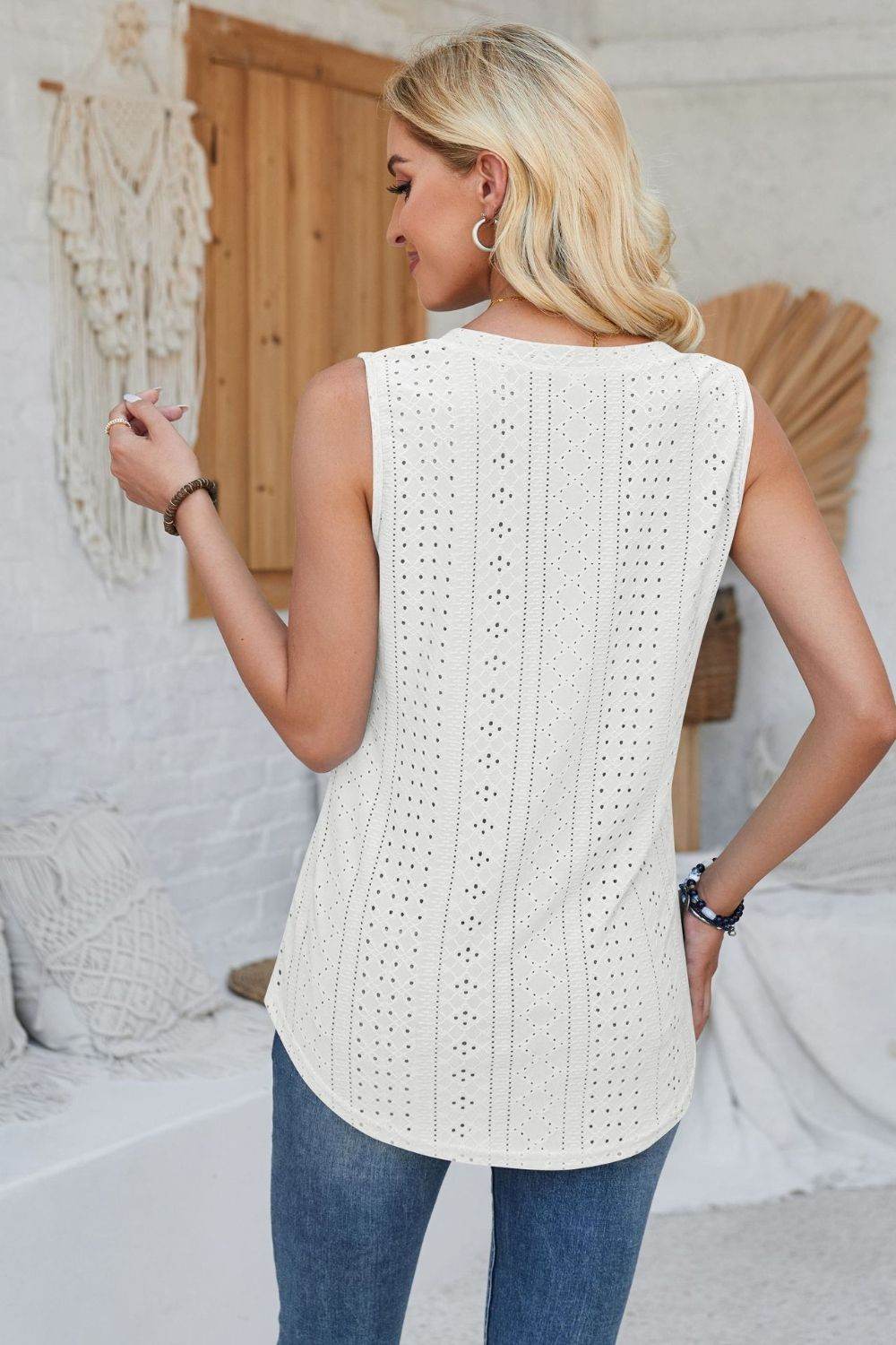 Eyelet Decorative Button V-Neck Tank - Bona Fide Fashion