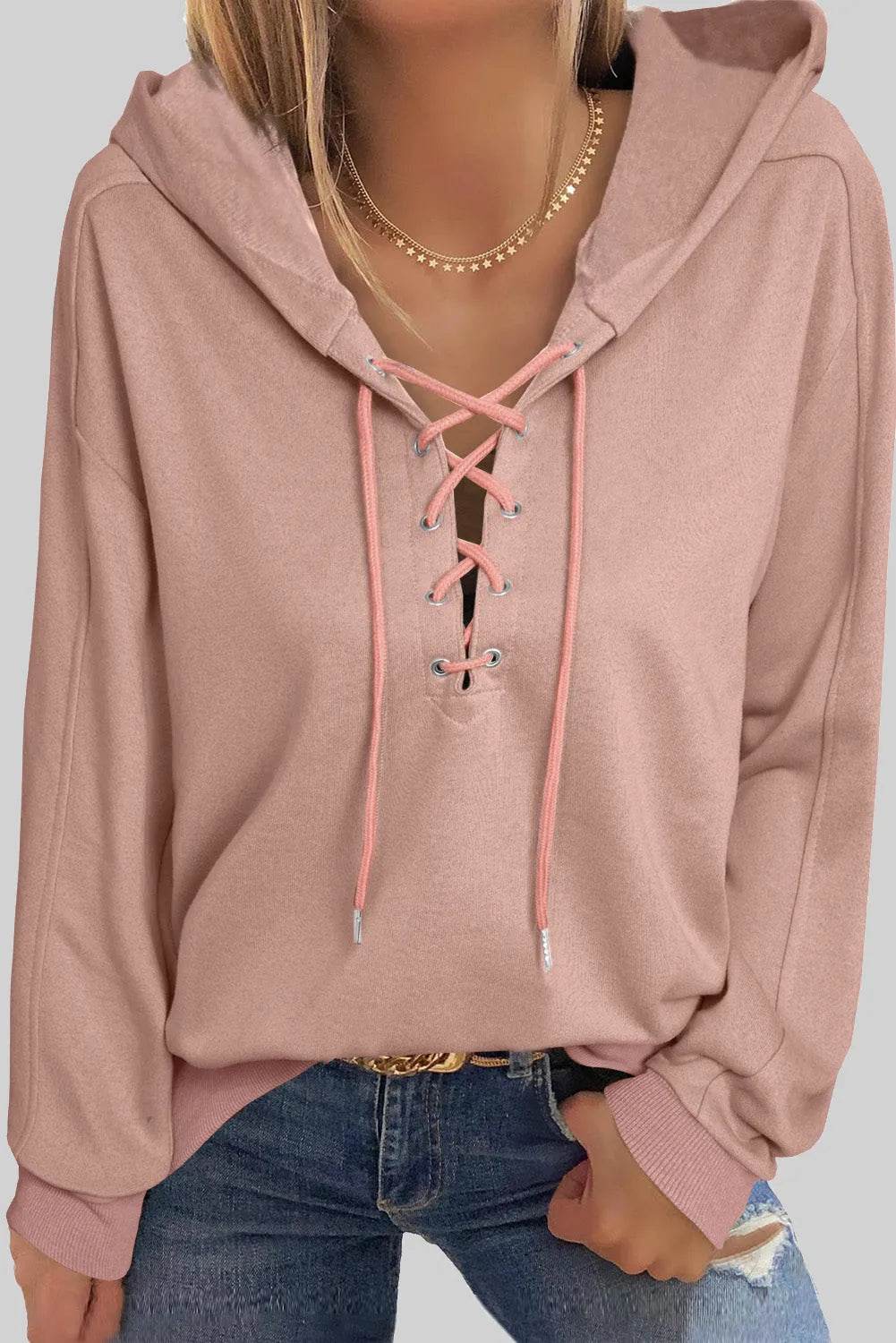 Lace Up Long Sleeve Hoodie - Bona Fide Fashion