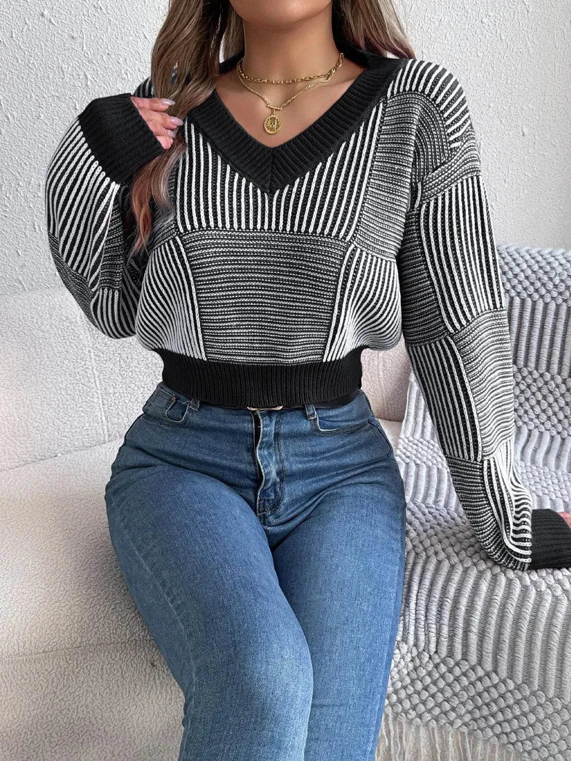 Striped V-Neck Long Sleeve Sweater - Bona Fide Fashion