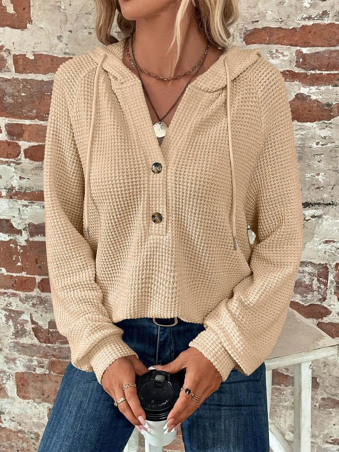 Waffle Knit Long Sleeve Drawstring Hooded Top - Bona Fide Fashion