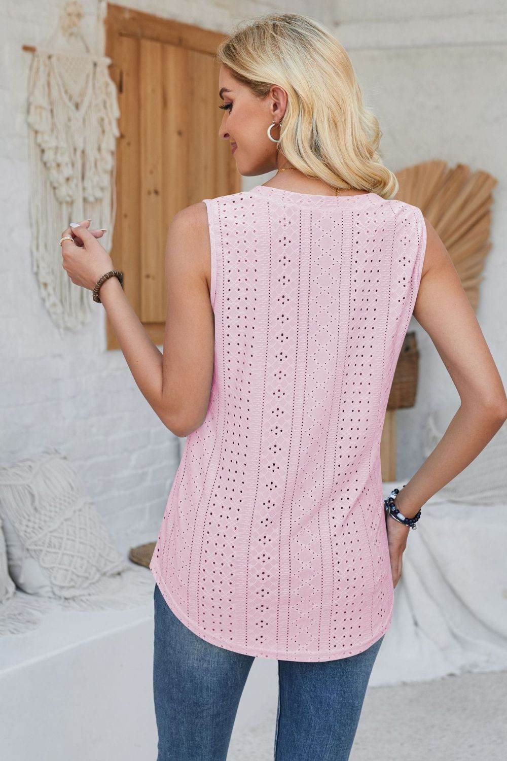 Eyelet Decorative Button V-Neck Tank - Bona Fide Fashion