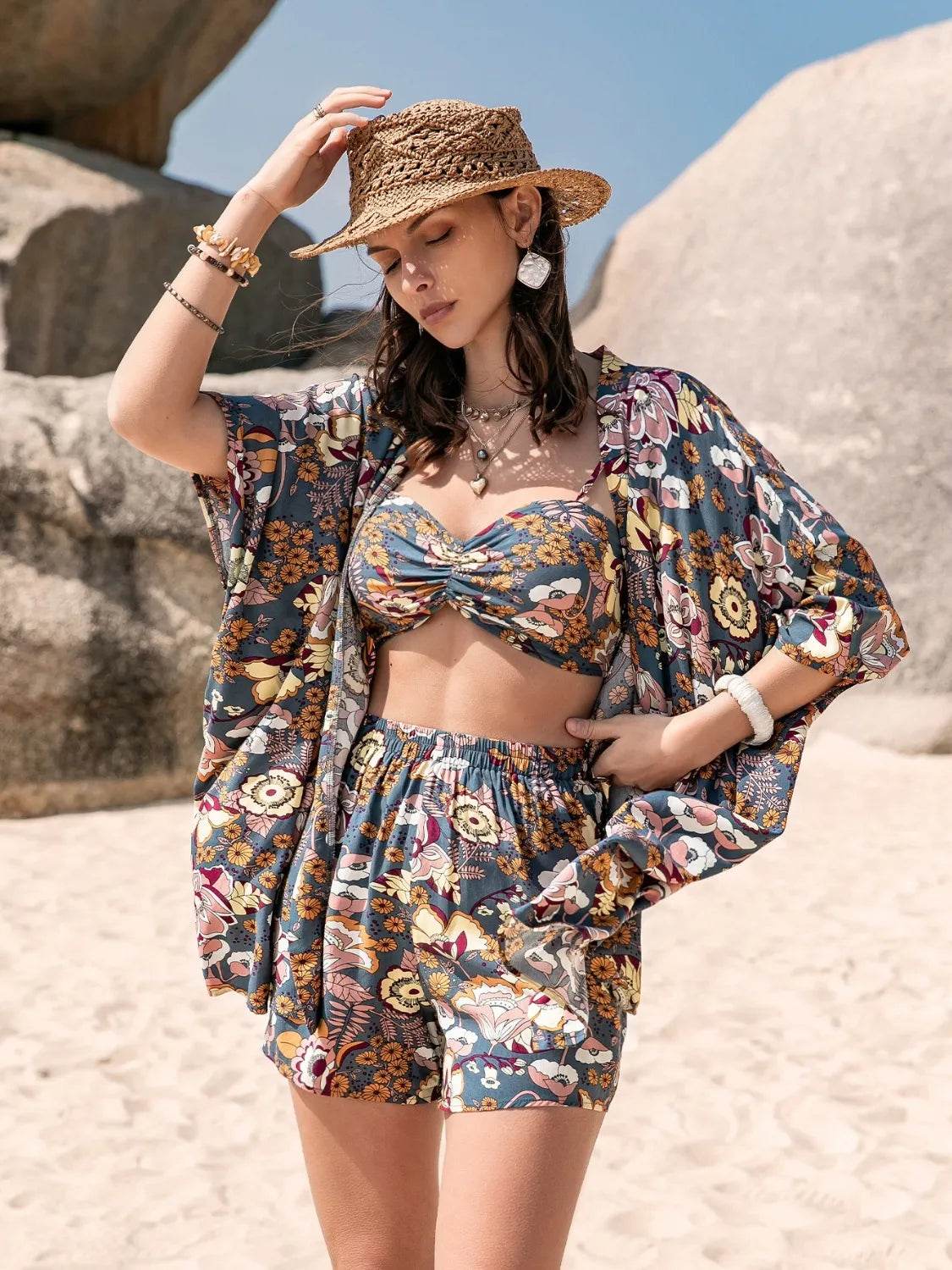 Printed Bra, Cover-Up, and Shorts Set – 3-Piece Beachwear Outfit for Women - Bona Fide Fashion