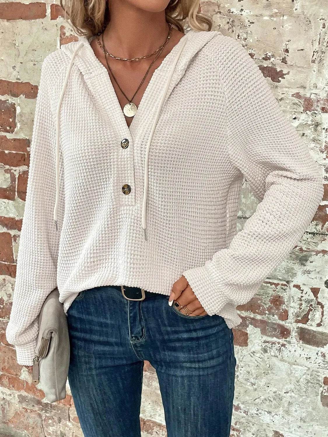 Waffle Knit Long Sleeve Drawstring Hooded Top - Bona Fide Fashion