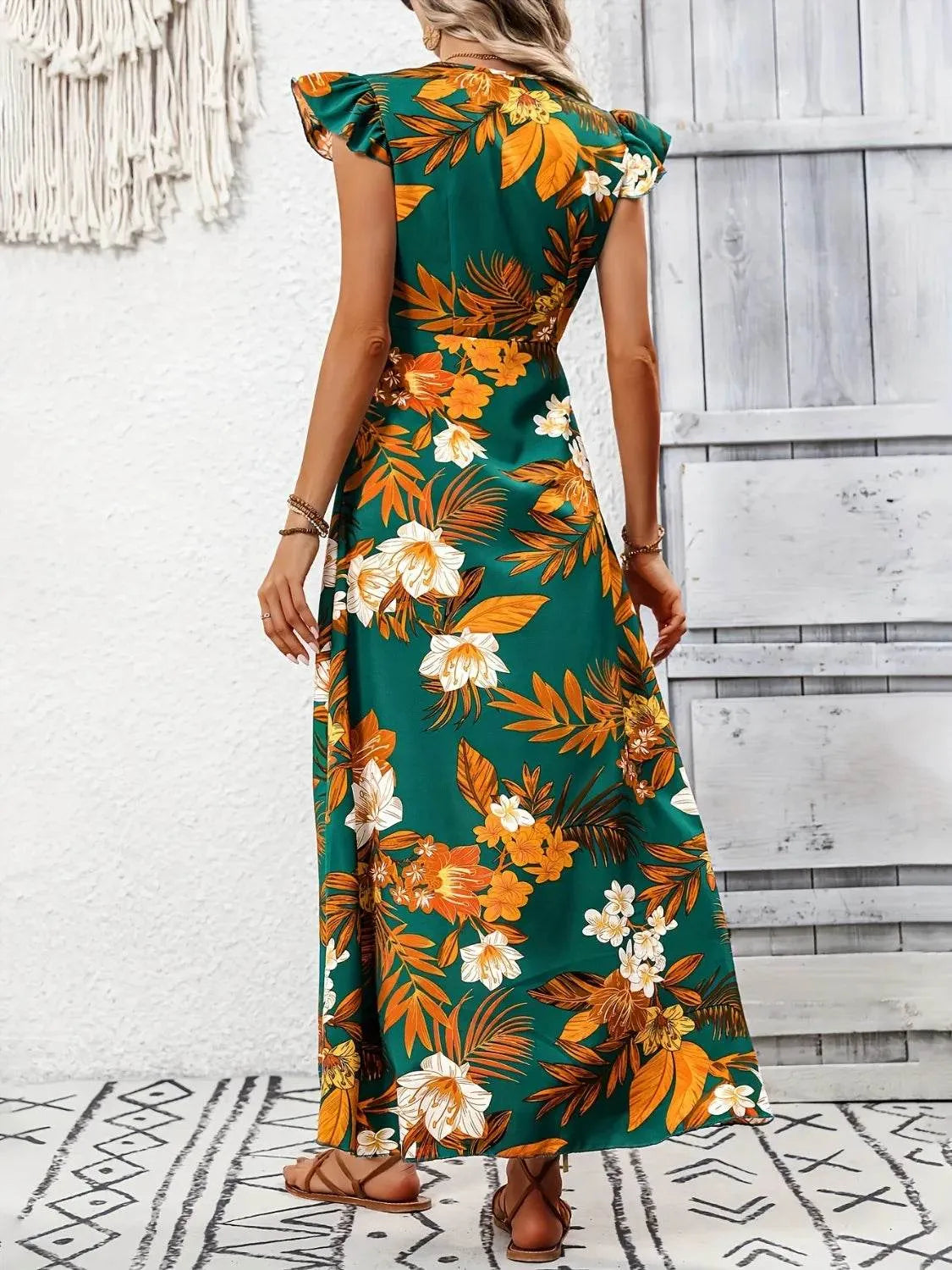High-Low Printed Cap Sleeve Maxi Dress - Bona Fide Fashion