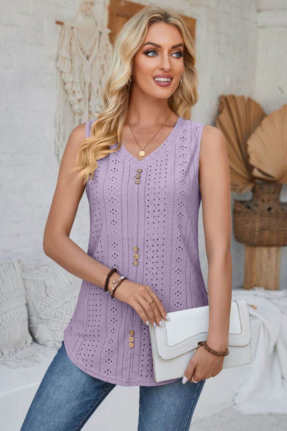 Eyelet Decorative Button V-Neck Tank - Bona Fide Fashion