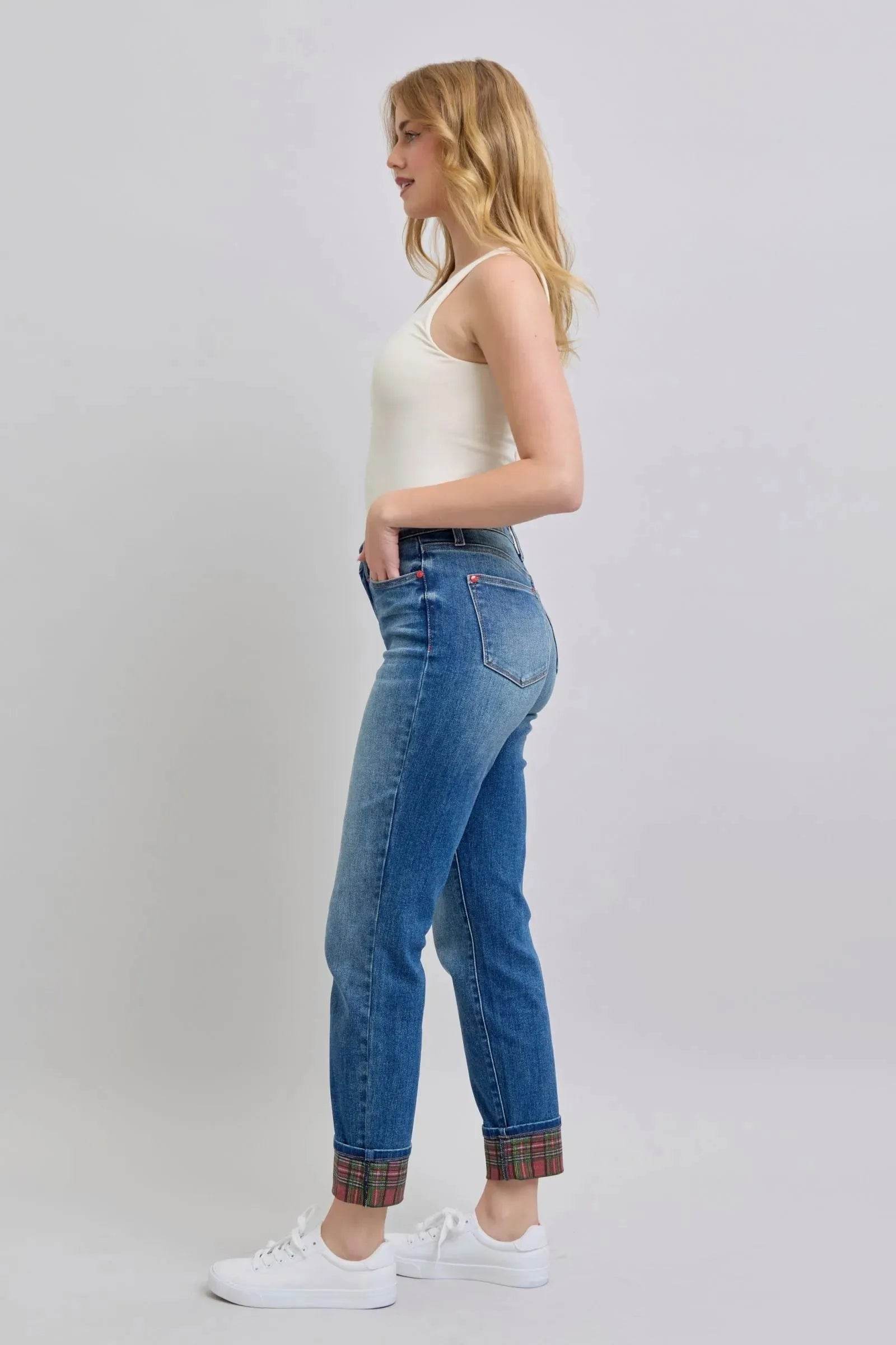 Judy Blue Full Size Plaid Print Cuff Straight Leg Jeans with Pockets - Bona Fide Fashion