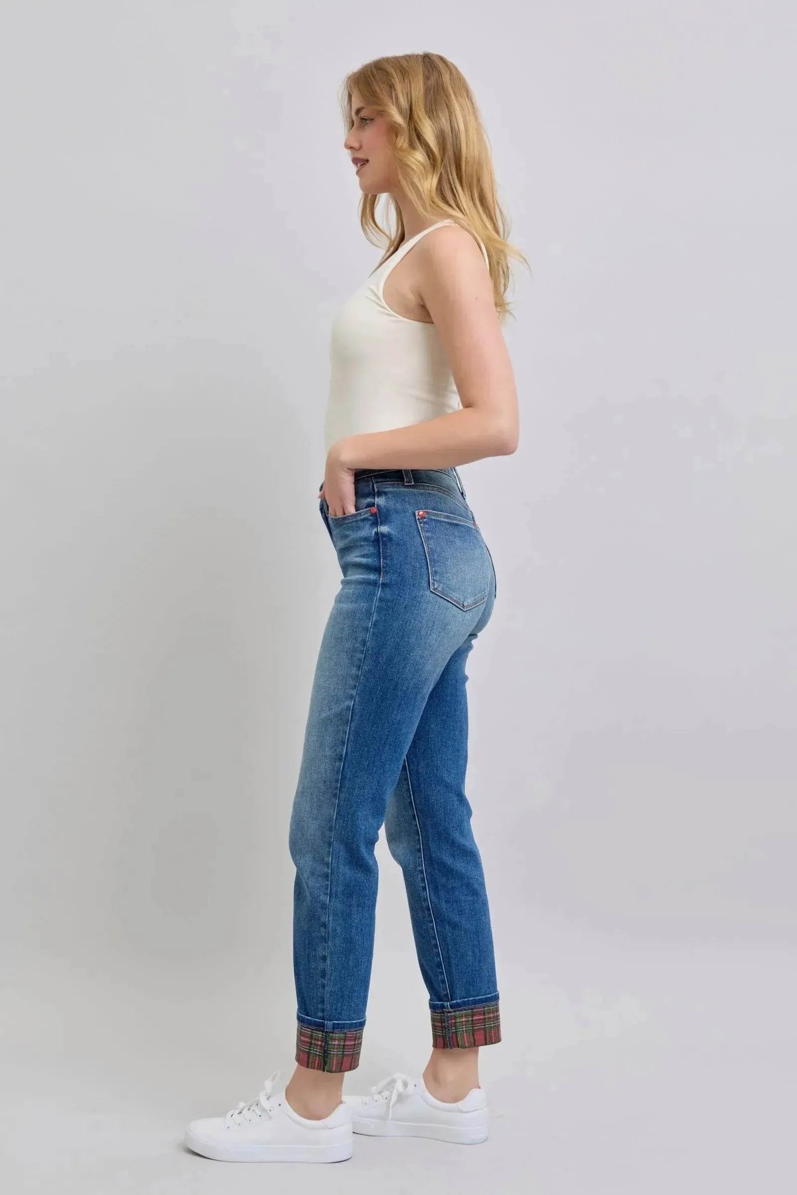 Judy Blue Full Size Plaid Print Cuff Straight Leg Jeans with Pockets - Bona Fide Fashion