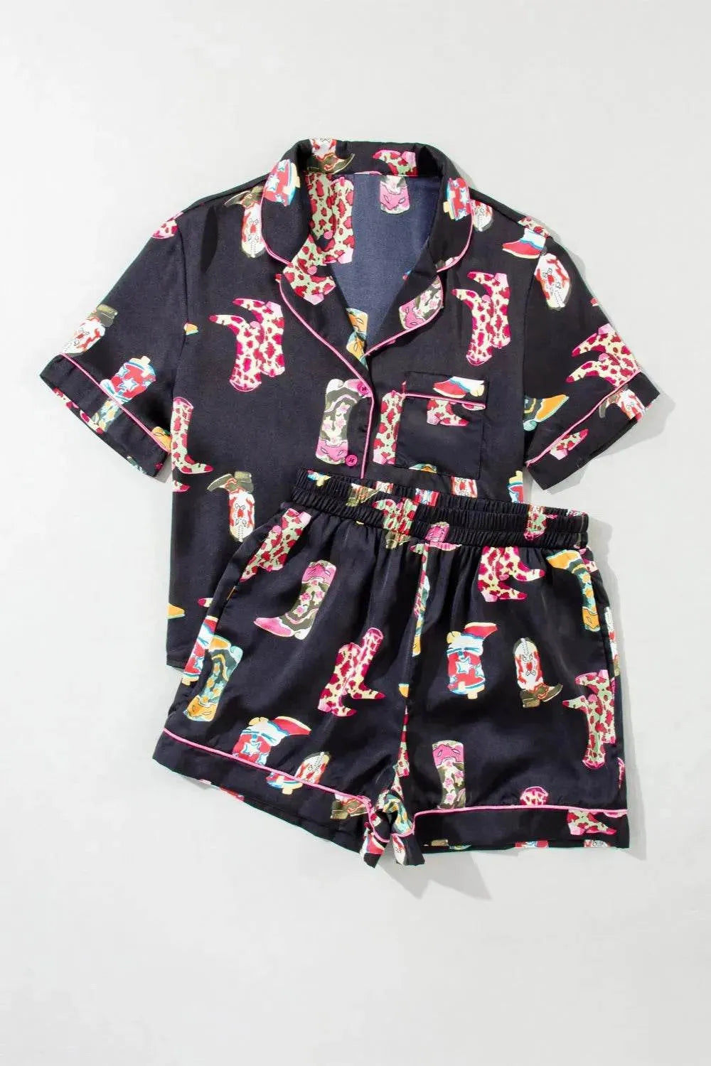 Printed Button Up Short Sleeve and Shorts Lounge Set - Bona Fide Fashion