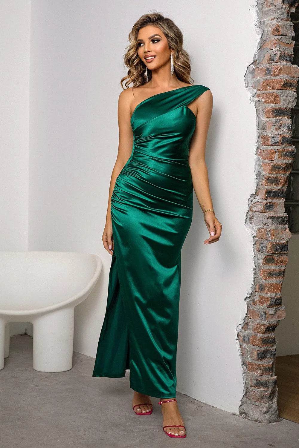 Bona Fide Fashion - One-Shoulder Ruched Slit Maxi Dress - Women Fashion - Bona Fide Fashion