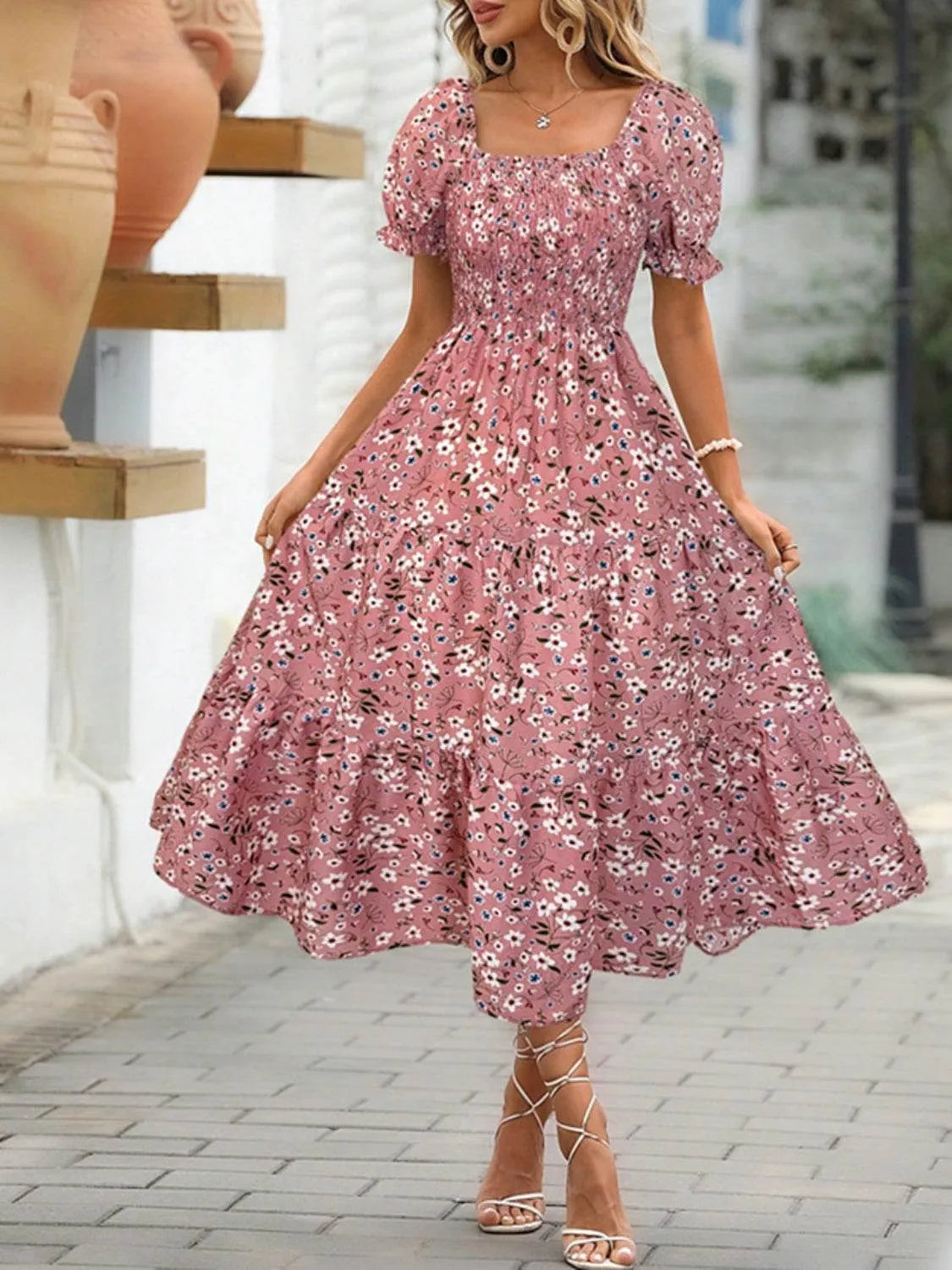 Floral Square Neck Short Sleeve Tiered Dress - Bona Fide Fashion