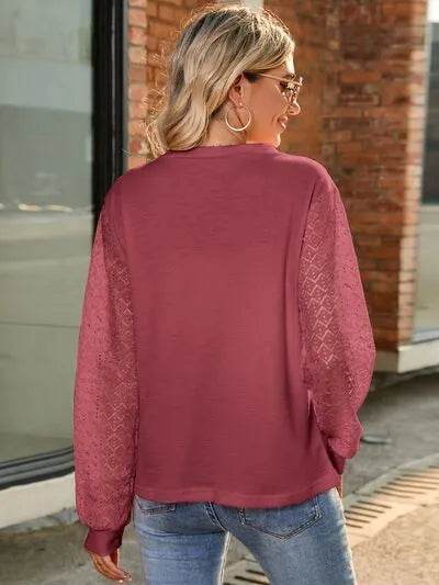 Full Size Round Neck Lace Long Sleeve T-Shirt Plus Size - Bona Fide Fashion
