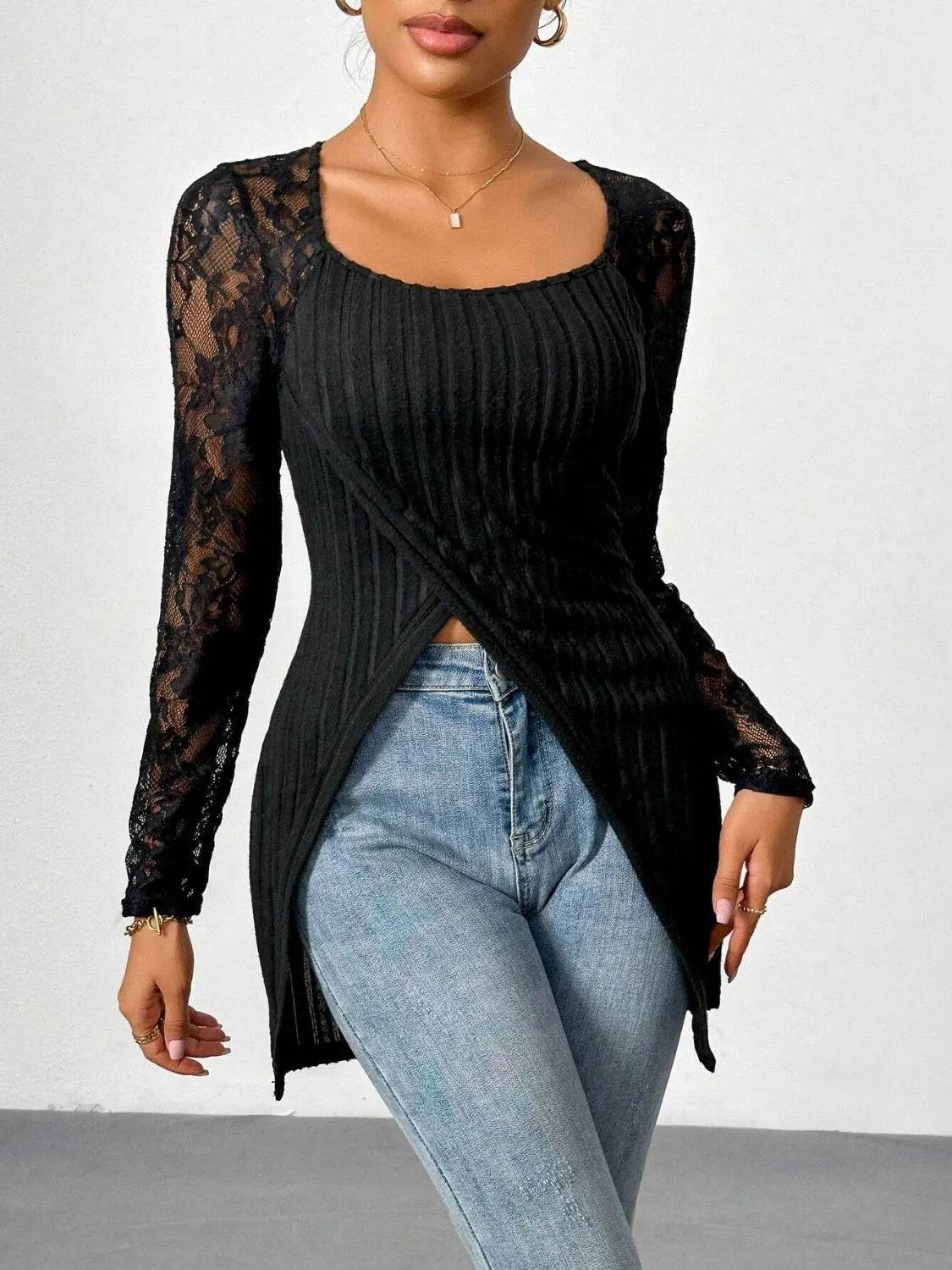 Square Neck Lace Patchwork Long Sleeve T-Shirt - Bona Fide Fashion