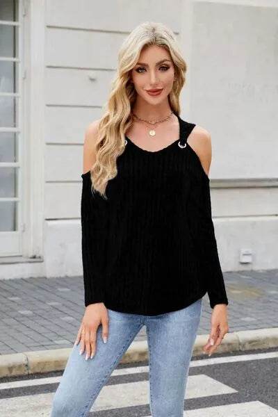 Ribbed Cold Shoulder Long Sleeve Top - Bona Fide Fashion