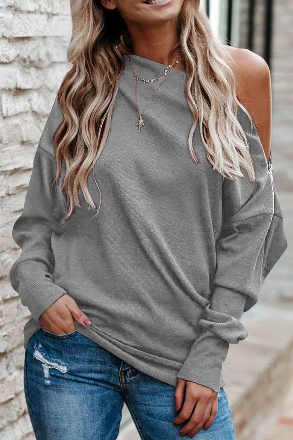 Single Shoulder Long Sleeve Sweatshirt with Zip - Bona Fide Fashion