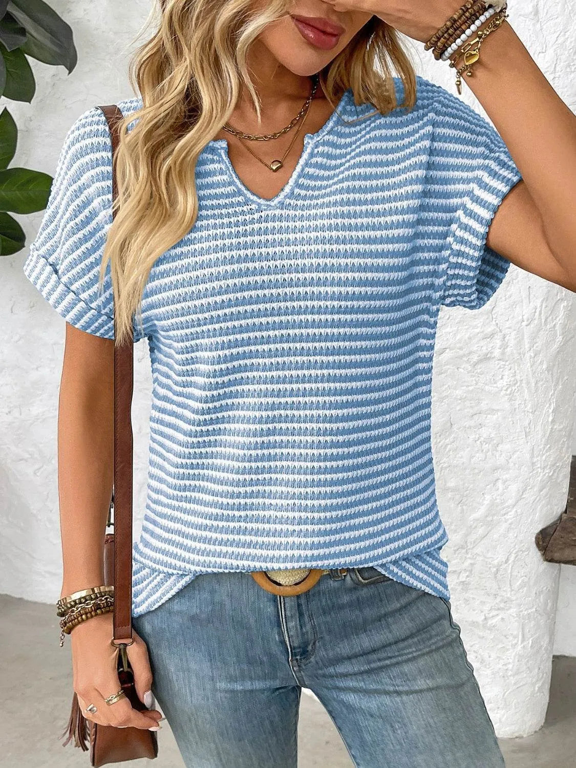 Striped Notched Short Sleeve T-Shirt - Bona Fide Fashion