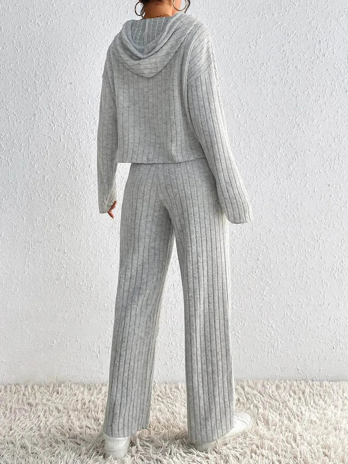 Honey Drawstring Ribbed Hoodie and Straight Leg Pants Set - Bona Fide Fashion