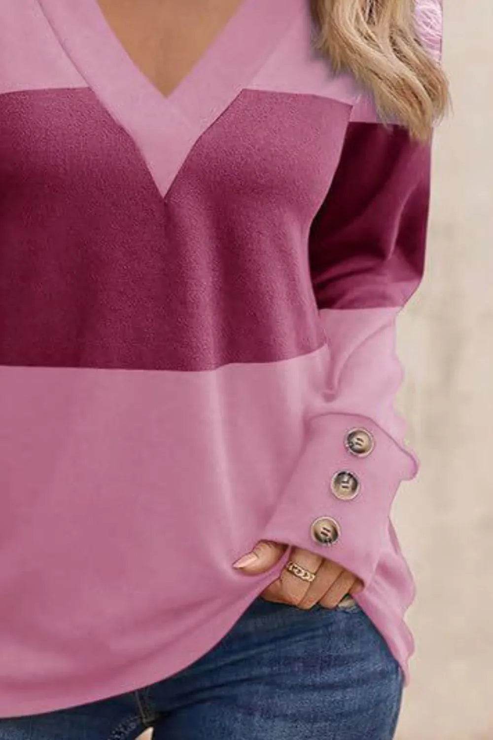 Decorative Button Contrast V-Neck Long Sleeve T-Shirt - Bona Fide Fashion