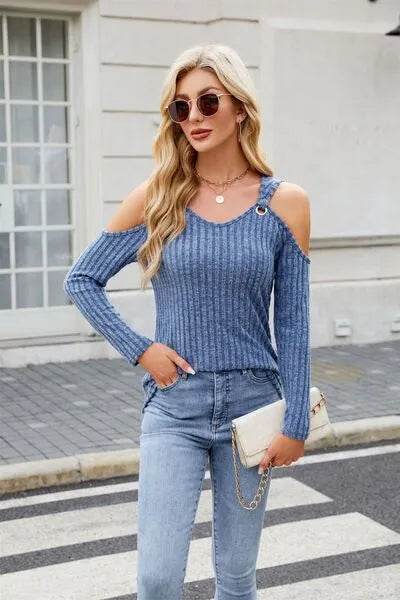 Ribbed Cold Shoulder Long Sleeve Top - Bona Fide Fashion
