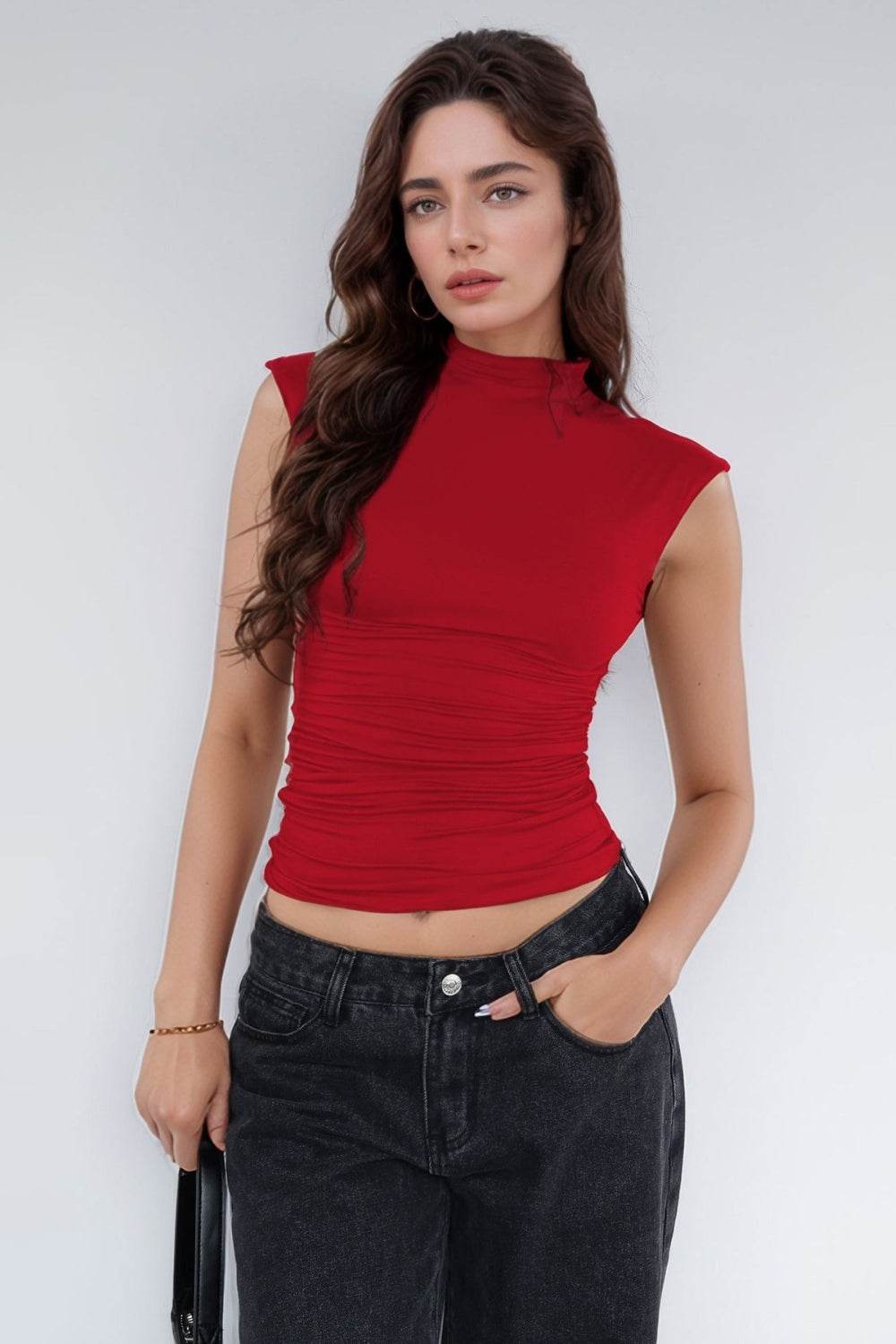 Mock Neck Ruched Tank - Bona Fide Fashion
