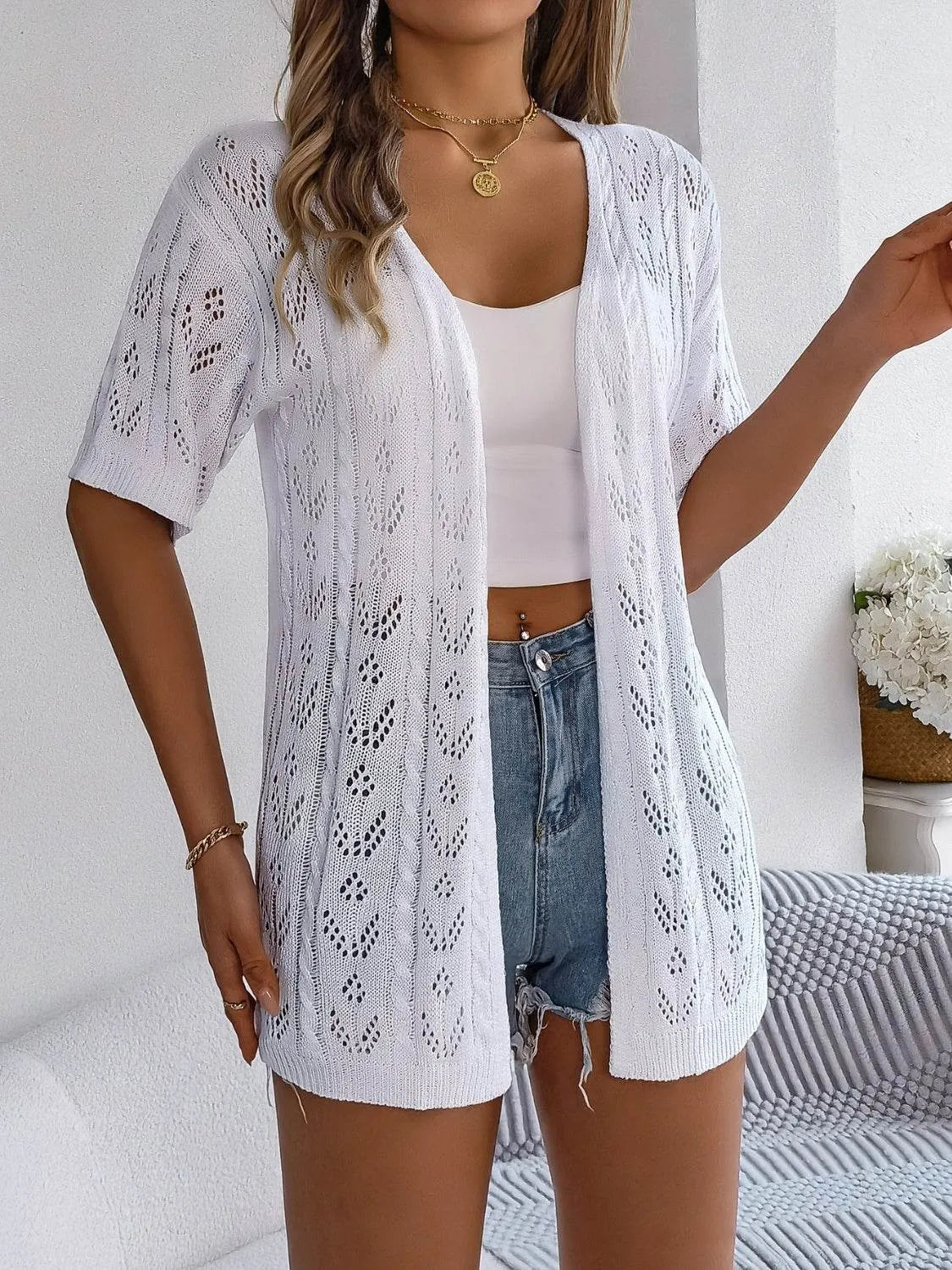 Openwork Open Front Half Sleeve Cardigan - Bona Fide Fashion