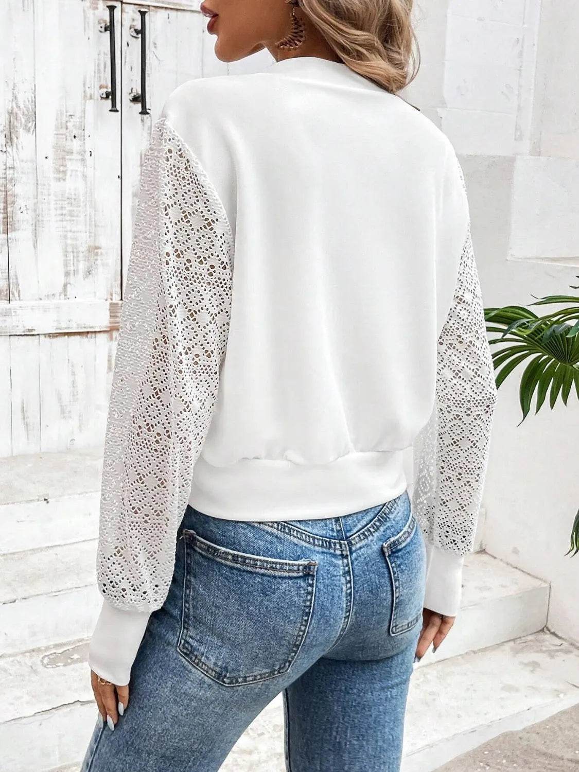 Baseball Collar Lace Patchwork Long Sleeve Jacket - Bona Fide Fashion