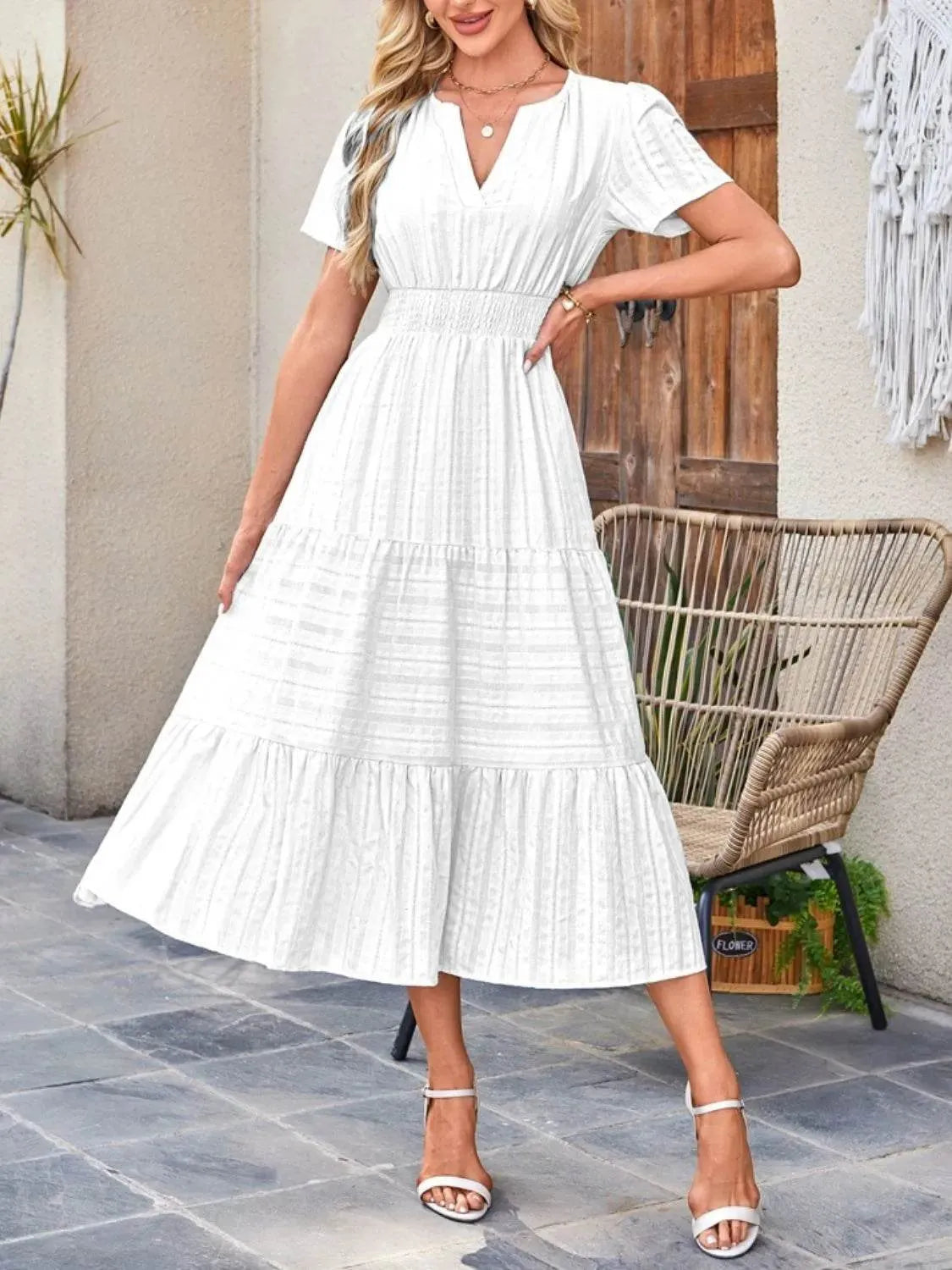 Tiered Notched Short Sleeve Dress - Bona Fide Fashion