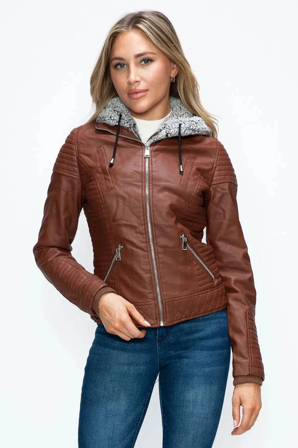 YMI Faux Layered Double-Zipper Jacket with Fuzzy Hood - Bona Fide Fashion