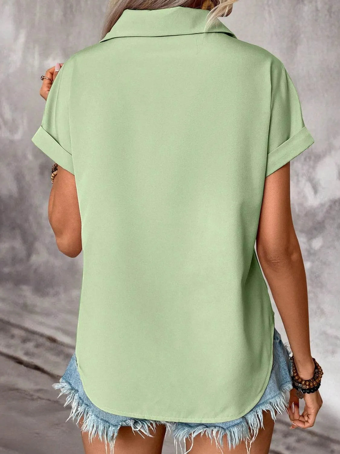 Pleated Detail Collared Neck Short Sleeve Shirt - Bona Fide Fashion
