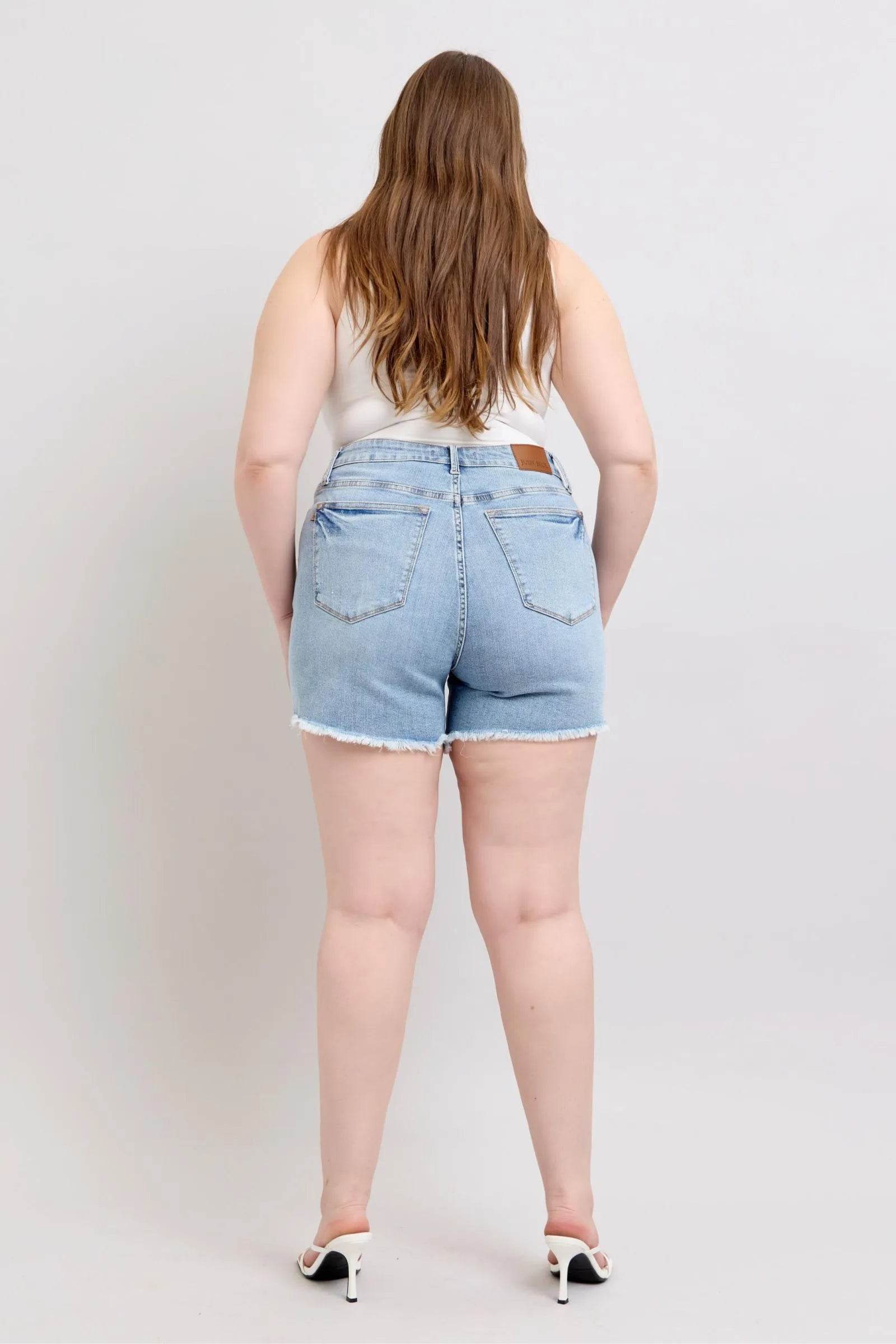 Judy Blue Full Size Tummy Control Raw Hem Denim Shorts Plus Size - Bona Fide Fashion
