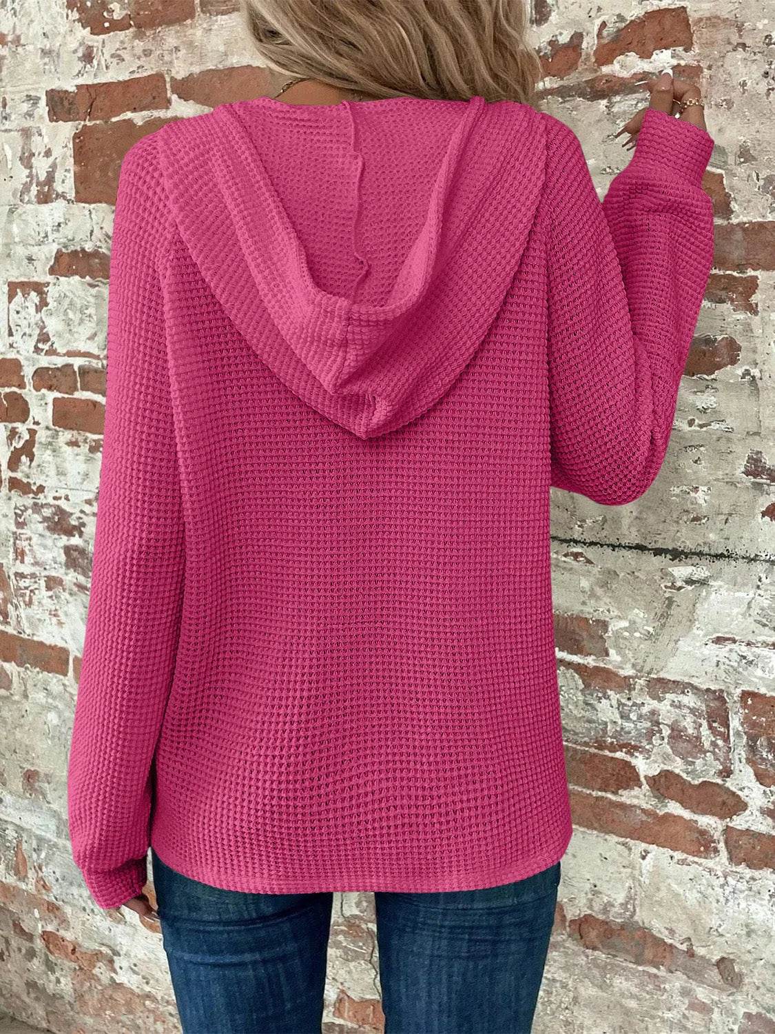 Waffle Knit Long Sleeve Drawstring Hooded Top - Bona Fide Fashion