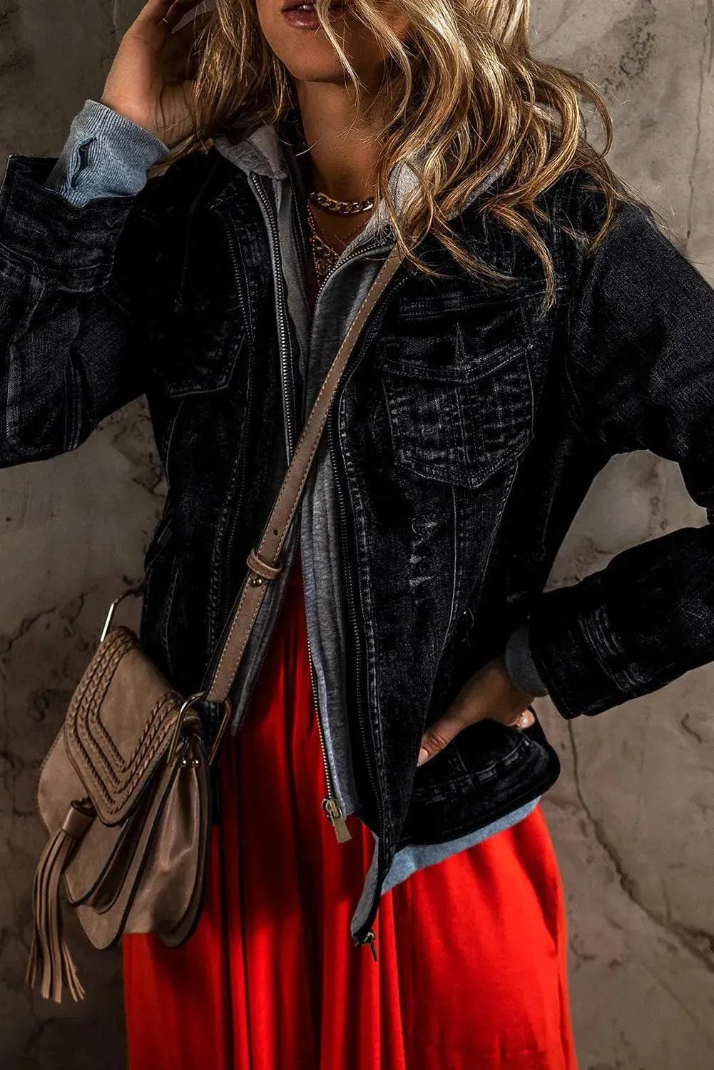 Fake Two-Piece Hooded Zip-Up Denim Jacket - Bona Fide Fashion