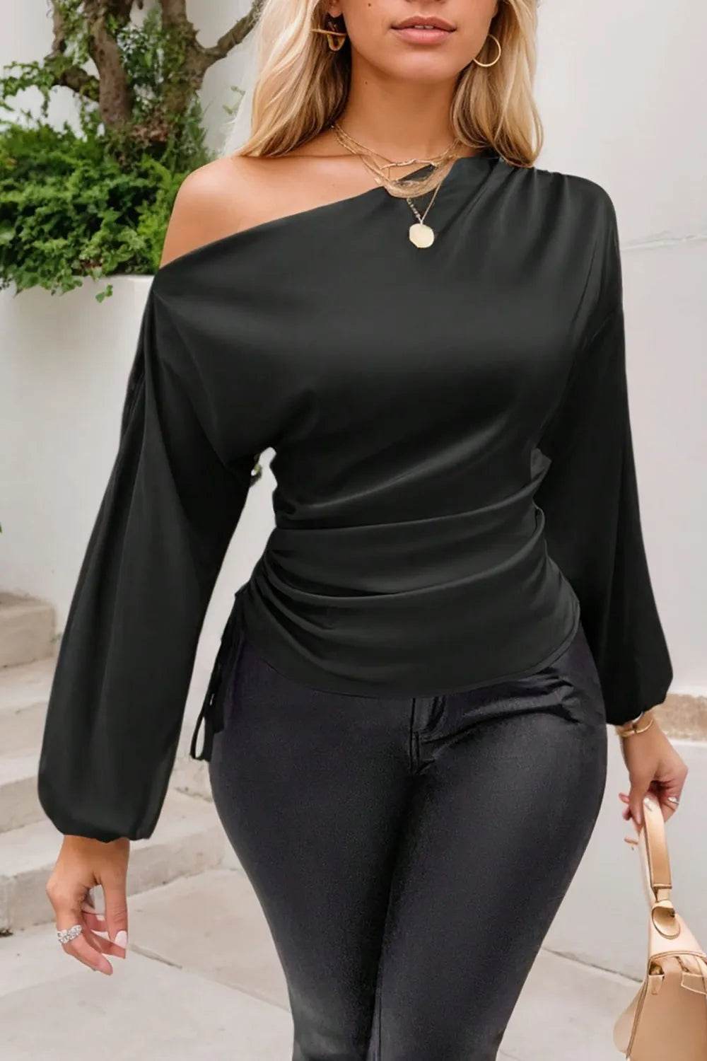 Drawstring One Shoulder Long Sleeve Blouse - Bona Fide Fashion