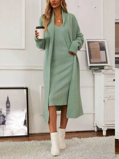 V-Neck Cami Dress and Open Front Cardigan Sweater Set - Bona Fide Fashion