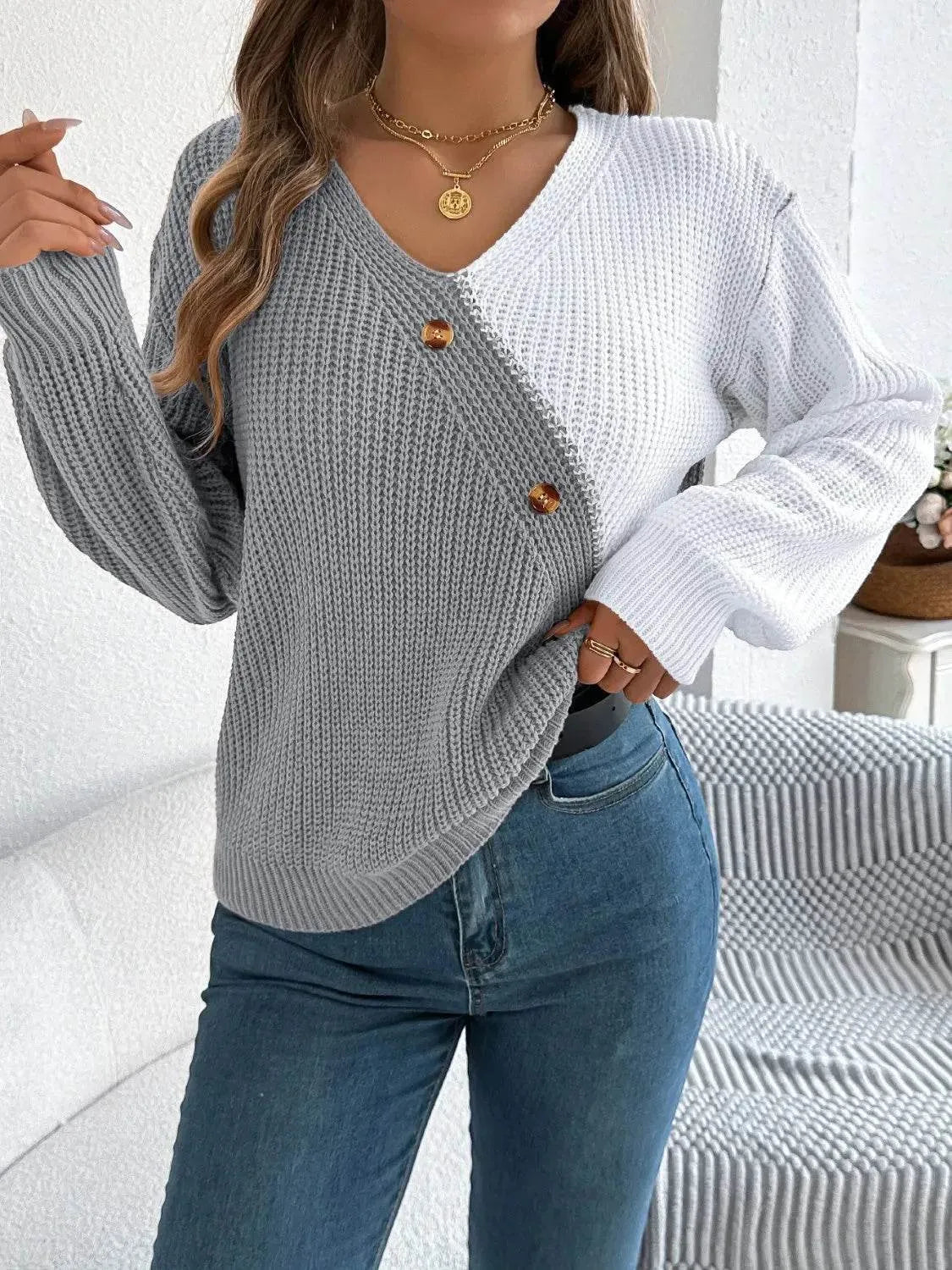 Two-Tone V-Neck Long Sleeve Sweater - Bona Fide Fashion
