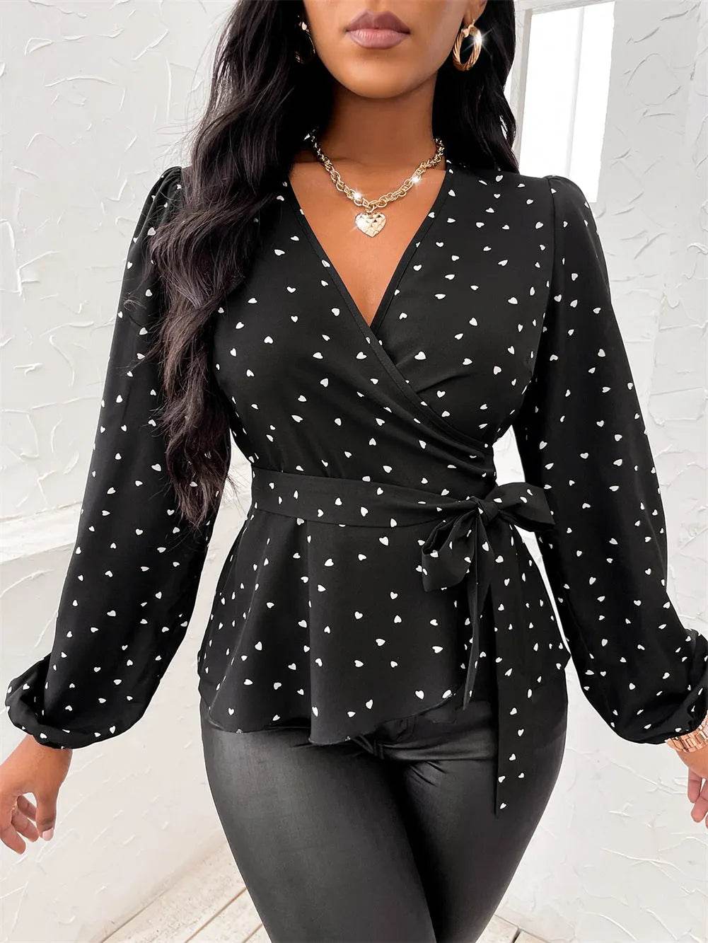 Heart Print Surplice Balloon Sleeve Blouse - Bona Fide Fashion