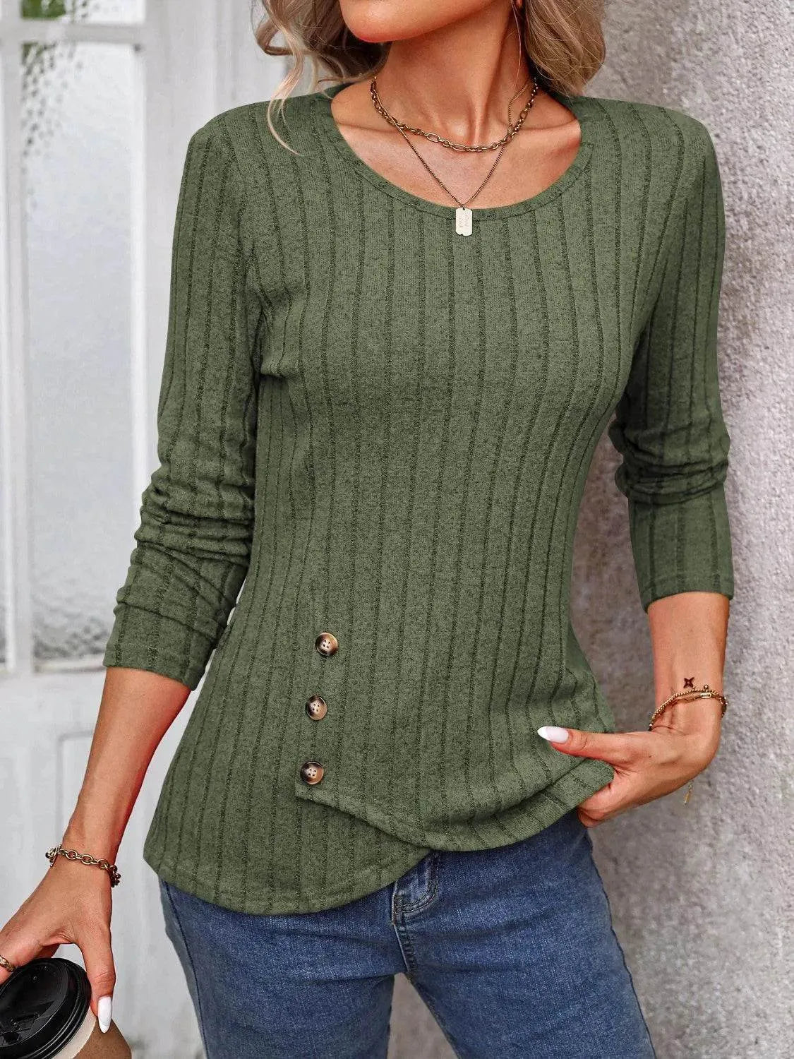 Decorative Button Round Neck Long Sleeve T-Shirt - Bona Fide Fashion