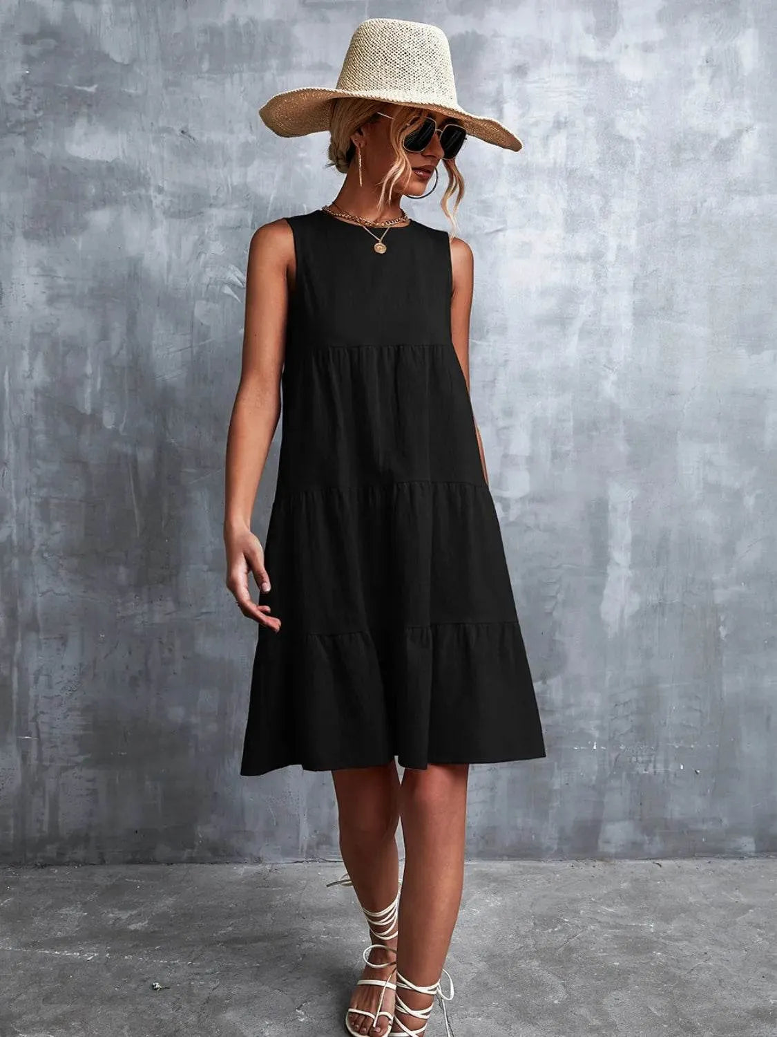 Tiered Round Neck Sleeveless Mini Tank Dress - Bona Fide Fashion