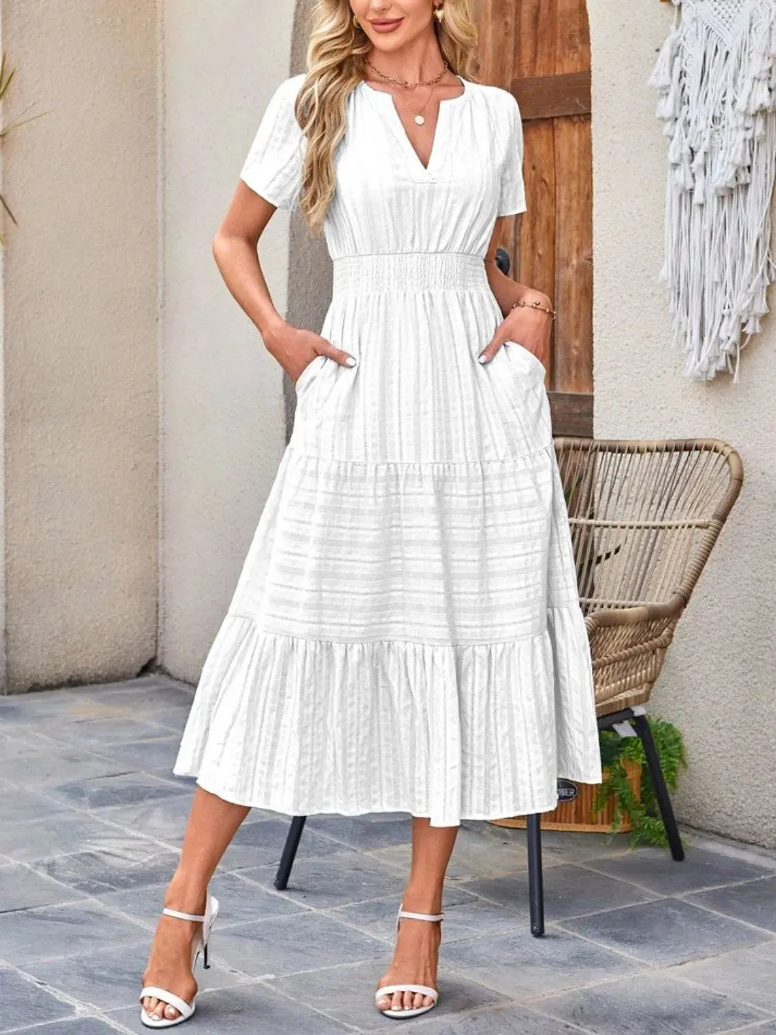 Tiered Notched Short Sleeve Dress - Bona Fide Fashion