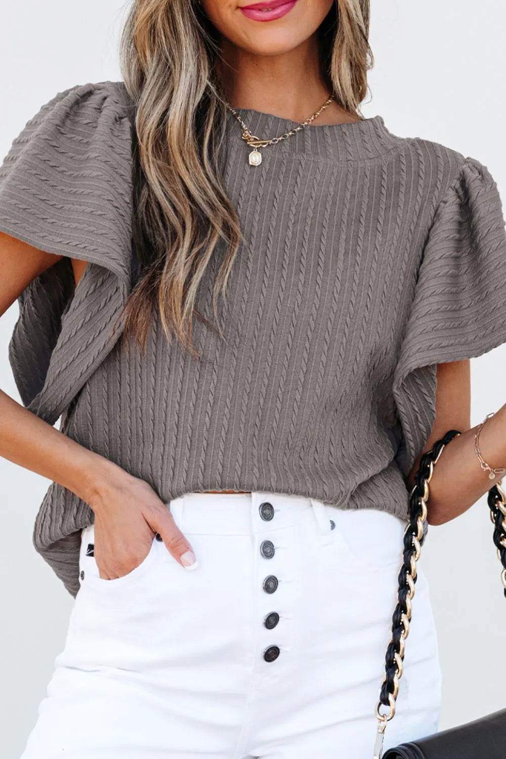 Textured Round Neck Flounce Sleeve Blouse - Bona Fide Fashion