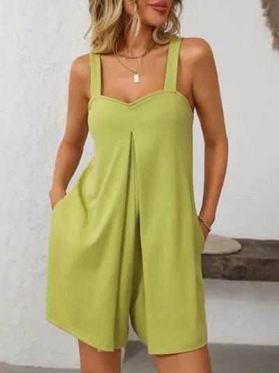 Mandy Sweetheart Neck Wide Strap Romper with Pockets - Bona Fide Fashion
