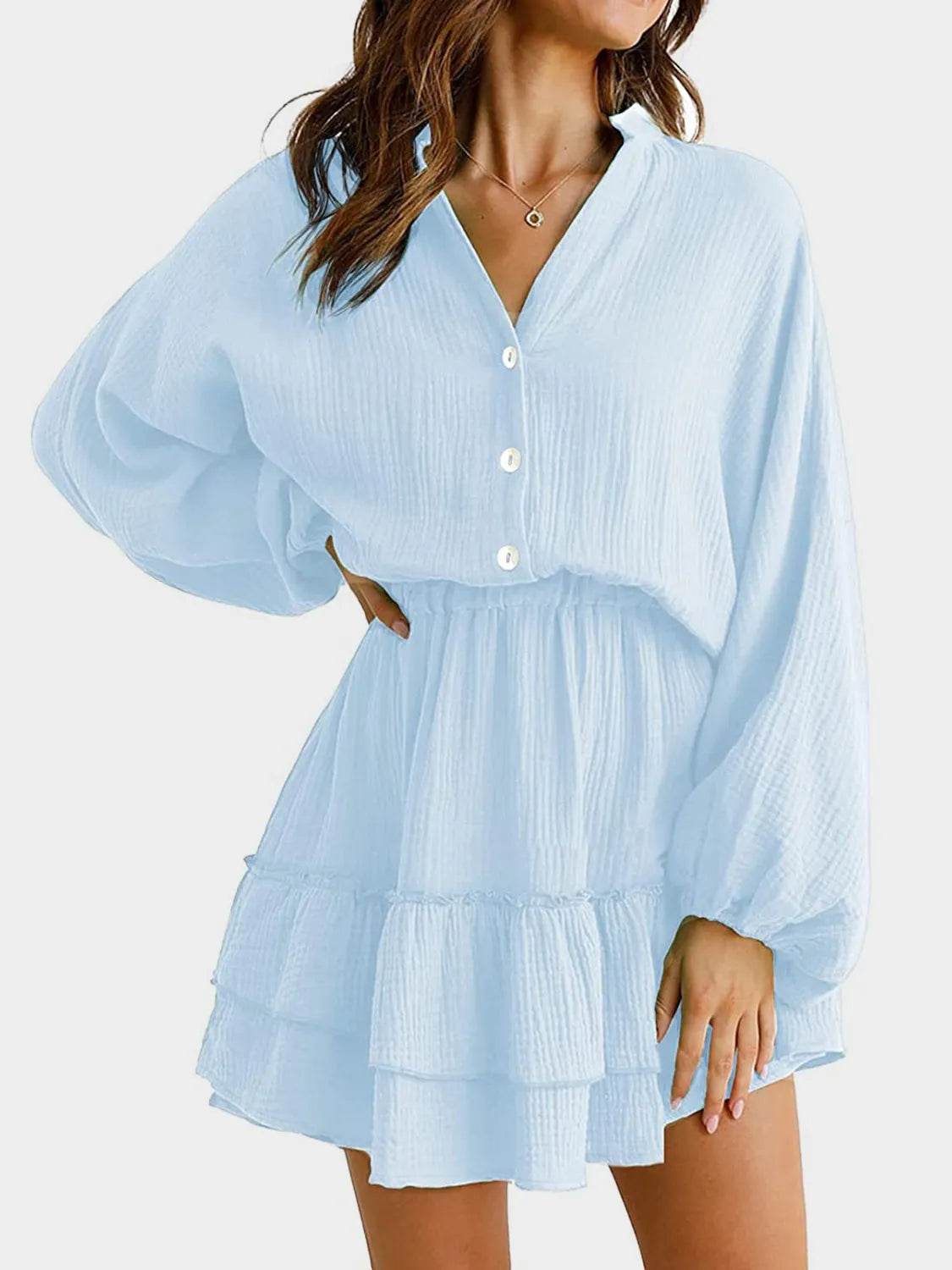Ruffled Notched Balloon Sleeve Mini Dress - Bona Fide Fashion